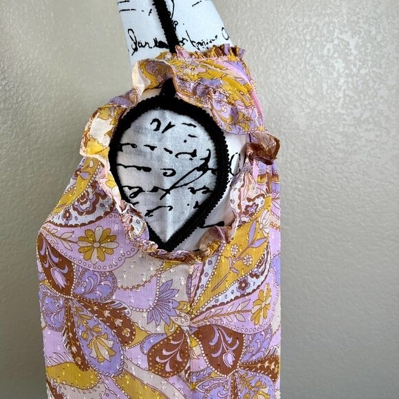 Maison d' Amelie yellow blouse purple paisley print top flutter sleeve size S - Picture 14 of 15
